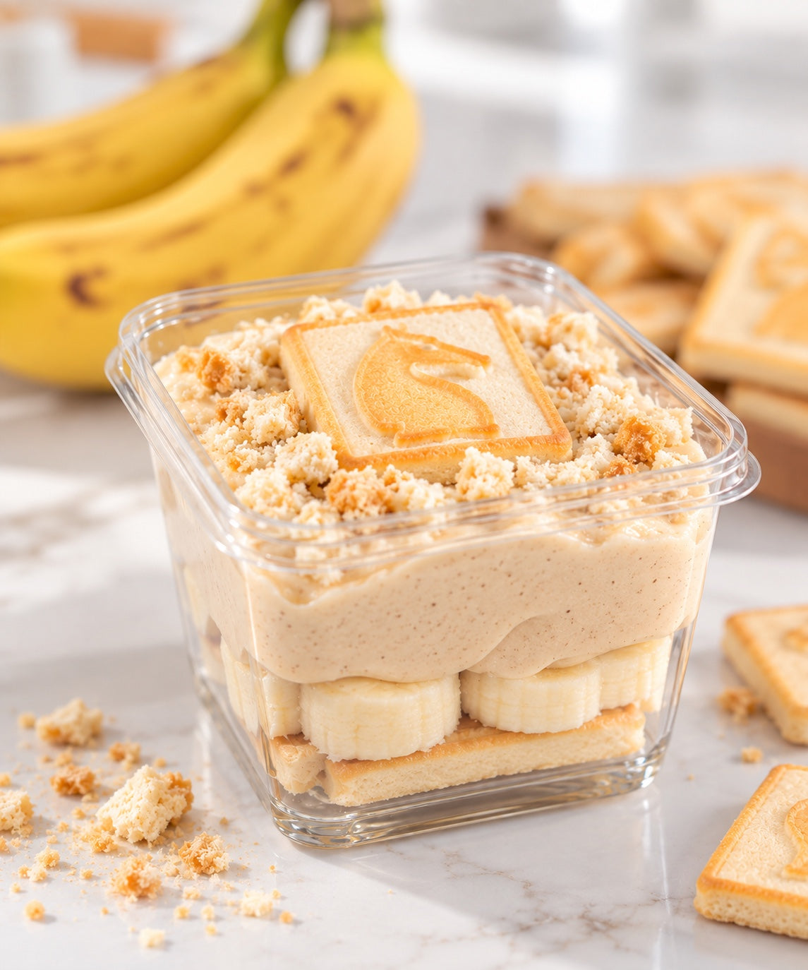 Banana Manna pudding in a clear individual cup
