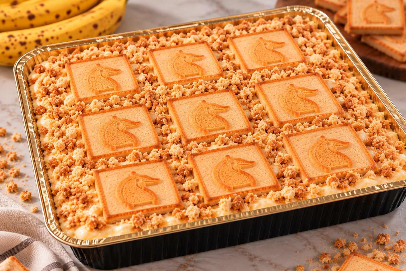 Banana pudding in the Event Manna catering tray